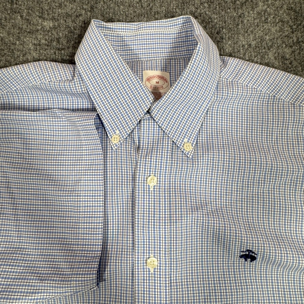 Brooks Brothers Shirt Gingham Non-Iron Traditional Fit Mens M Blue Cotton EUC